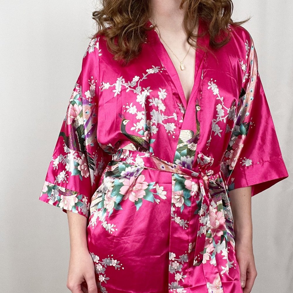 Vintage 100% Silk Kimono Robe Duster Long Jacket Coat Peacock Floral Belted Boho - Picture 5 of 7